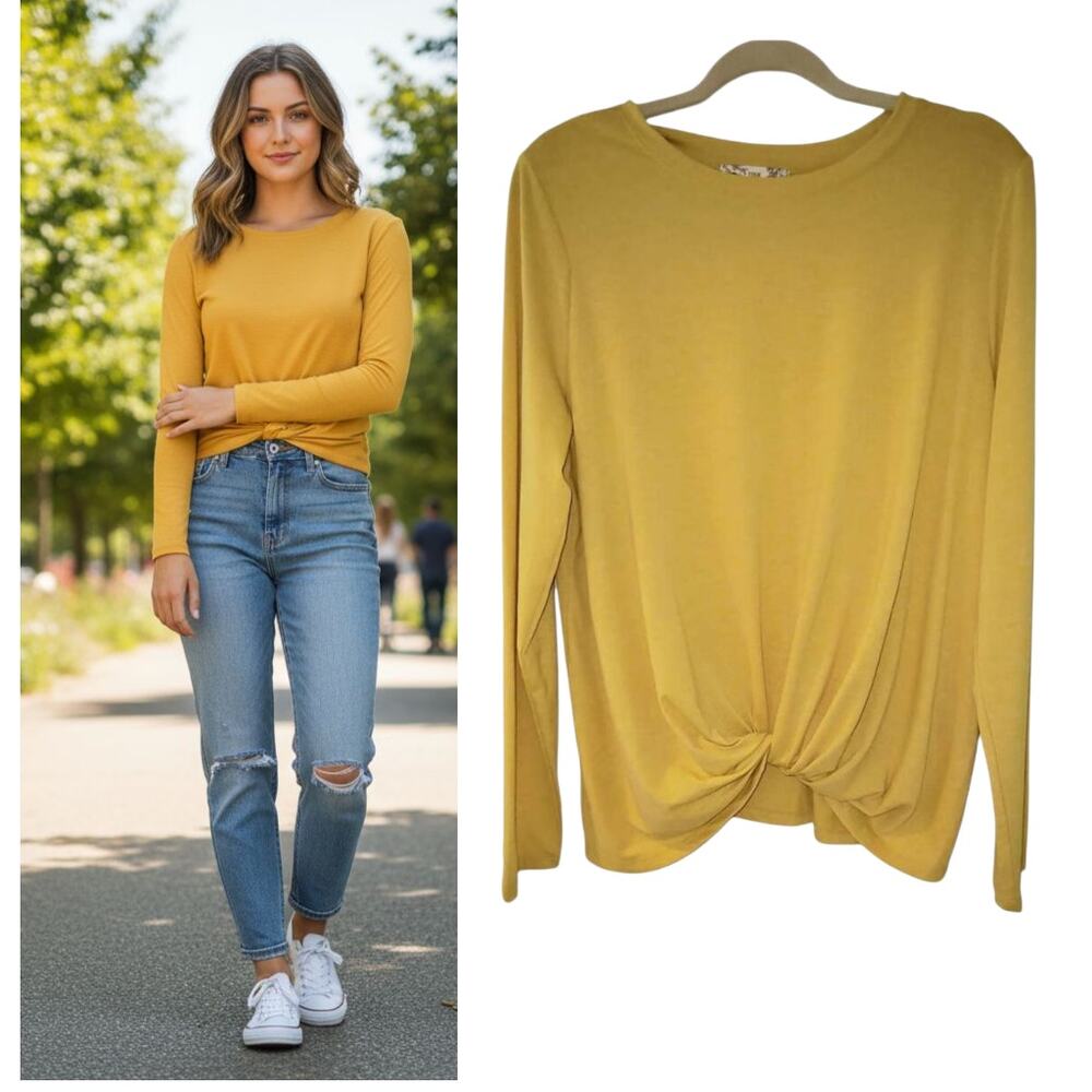 Pink Republic Popover Top Women's Size XL Gold Soft Knit Long Sleeve Knot front